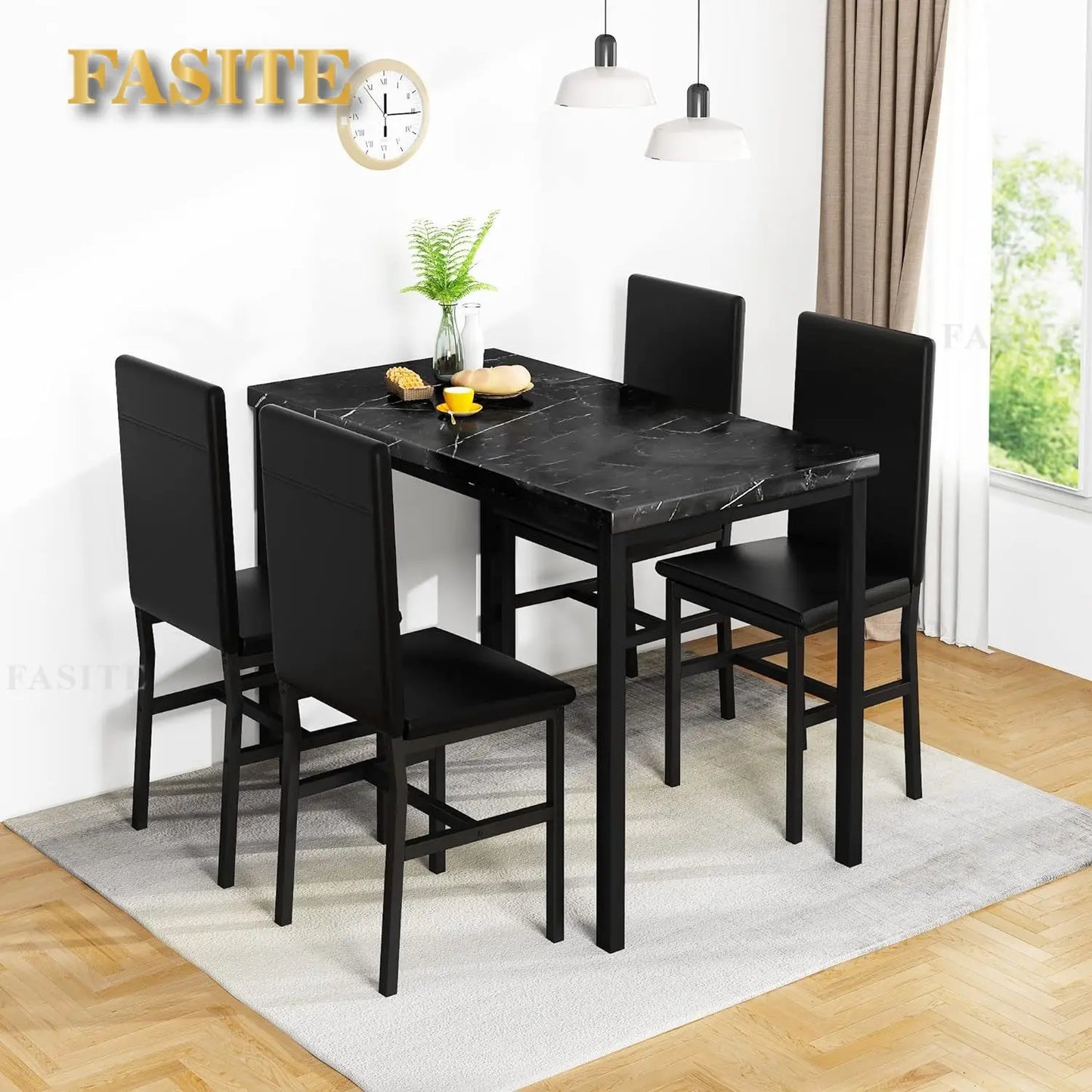 White Faux Marble Dining Table with 4 Upholstered Chairs, 5-Piece Dining Room Table Set for Small Space, Breakfast Table