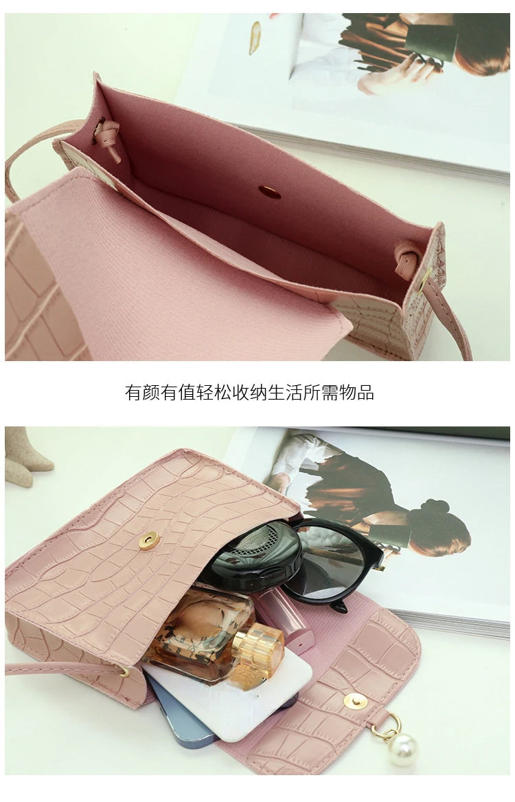 Fashion Simply PU Leather Crossbody Bag for Women Solid Color Shoulder Messenger Bag Lady Pendant Pearl Travel Small Handbag