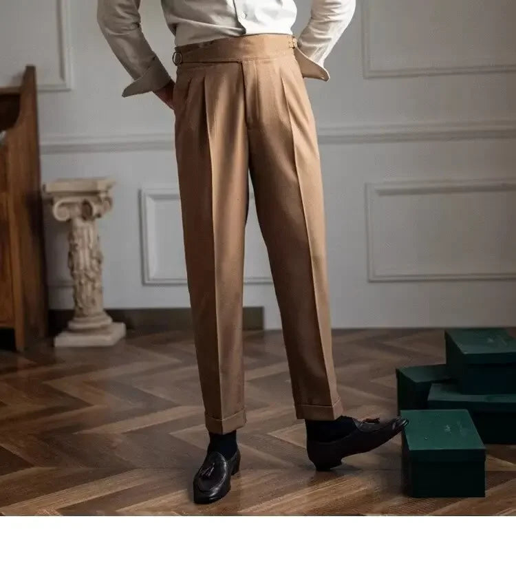 Spring Autumn White Men's Trousers Business Casual Cropped Pants Paris Button Trendy Italian Style