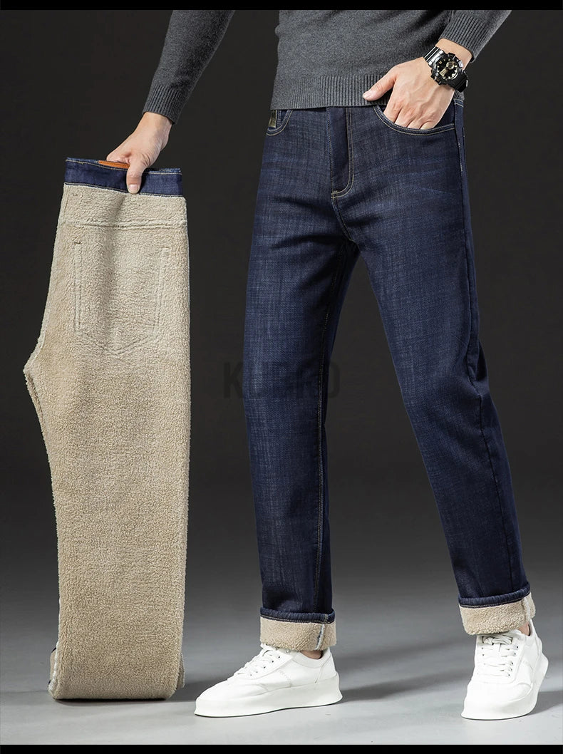 Pantalon droit en jean d'hiver en peluche d'agneau pour hommes, épais, grande taille 40, taille haute, extensible, doublé polaire, chaud, slim, Vaqueros