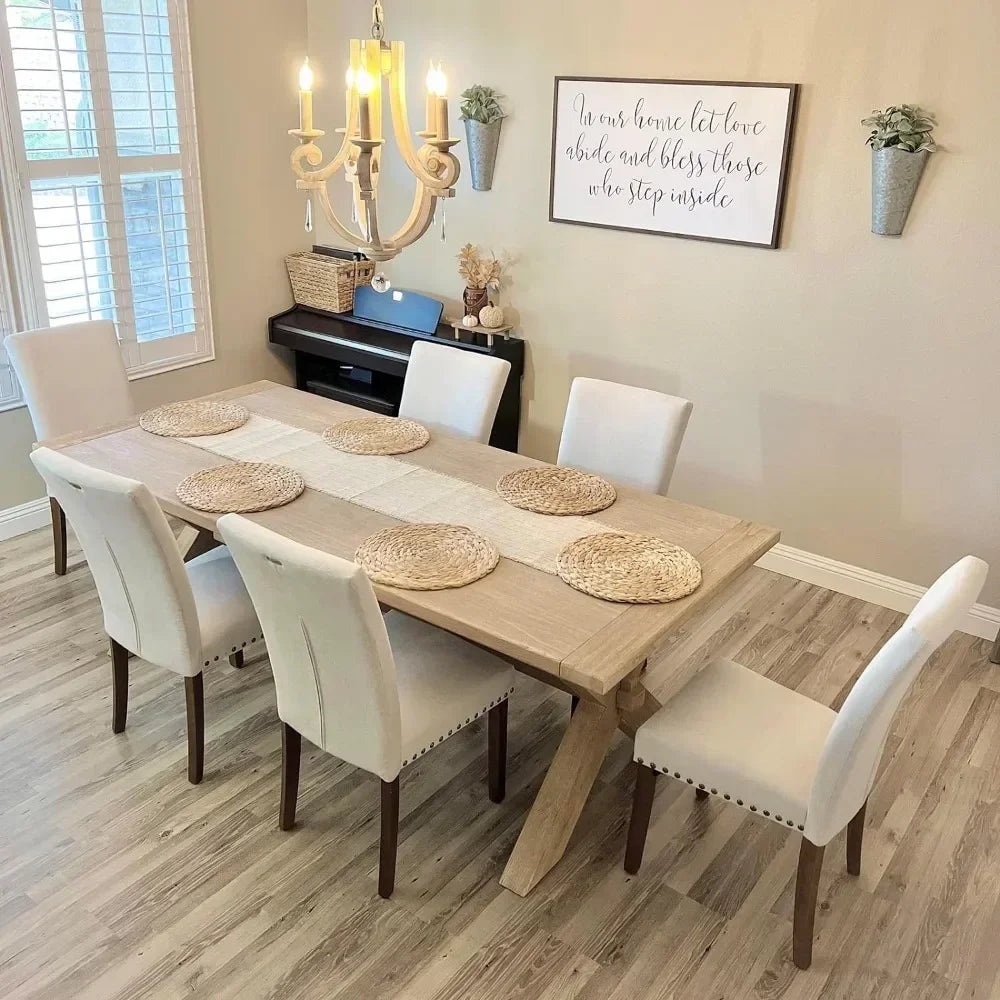 Set of 4, Fabric Dining Room Kitchen Side Chair with Nailhead Trim and Wood Legs - Beige