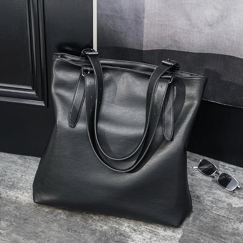 Soft Leather Tote Bag for Men Japanese Korea Style Business Casual Street Handbag Male Large Capacity Zipper Laptop Underam Bags