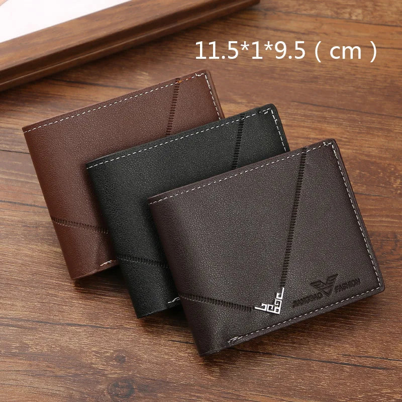 Lychee Texture PU Leather Men's Wallet Short Cash Purse Multi Card Slot Patchwork Card Holder Photo Holder Horizontal Money Clip