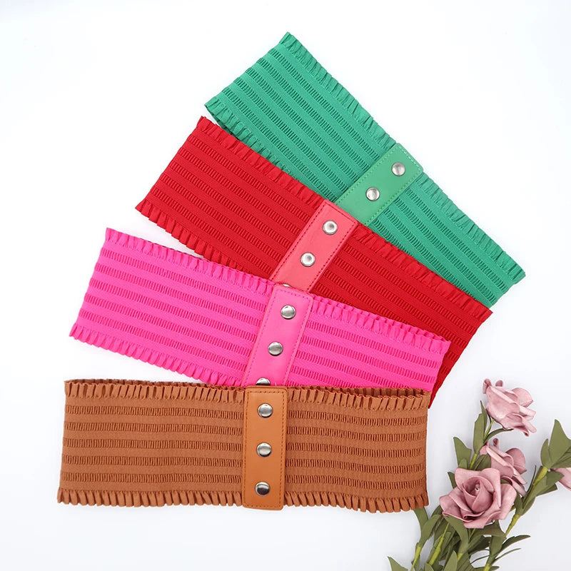 Ruffles Wide Belt Triple Buckle Elegant Elastic Waistband Decorative Dress Girdle for Women Large Size