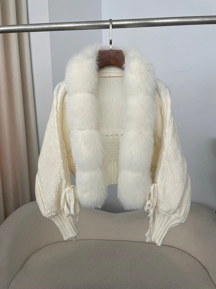 New Knitting Cardigan 2024 Winter Women Knitted Jacket with Natural Fur Placket Coat Casual Real Fox Fur New Fashion Short Warm