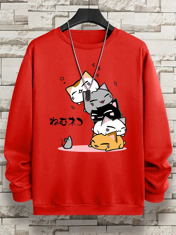 Cute Stacked Cats Sleep Clothing Man Hoody Hip Hop O-Neck Sweatshirts Vintage Casual Loose Hoodies Autumn New Loose Clothes