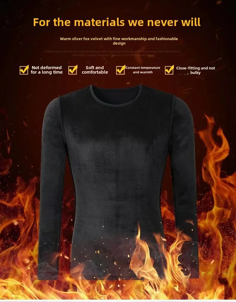 Men's Long Sleeve T-shirt Warm Fleece-lined Thickened Round Neck Slimming Base Layer Top Solid Color Inner Layer Autumn Sweater