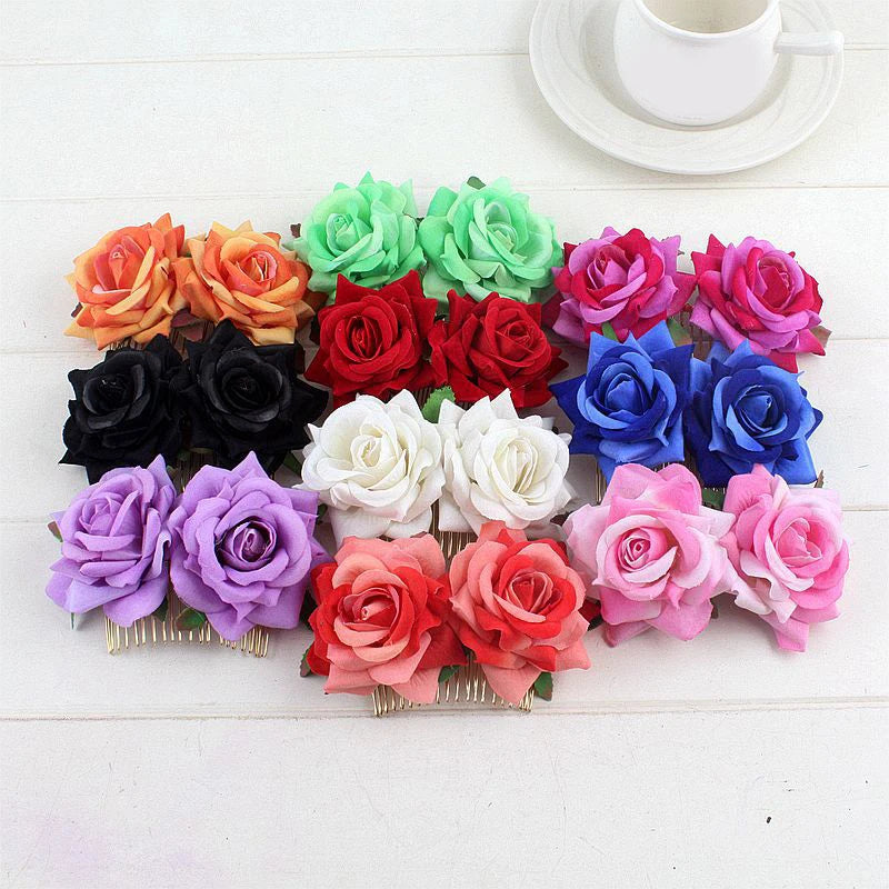 Flamenco Flowers For Hair DIY Headdress For Bridal Flocking Cloth Red Rose Flower Hairpin Hair Clip Party Hair Accessories