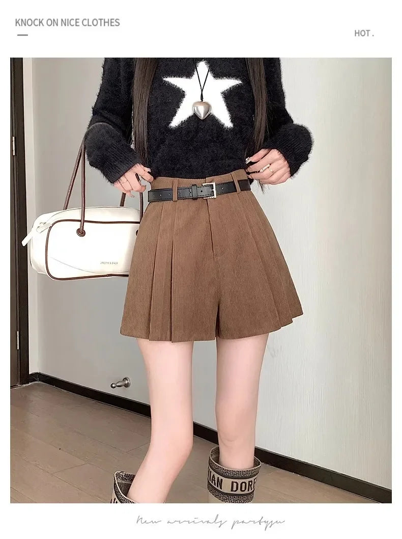 Corduroy Velvet Women Shorts Autumn Winter High Waist Slim Flared Trousers Fashionable Temperament A- crotch Boots