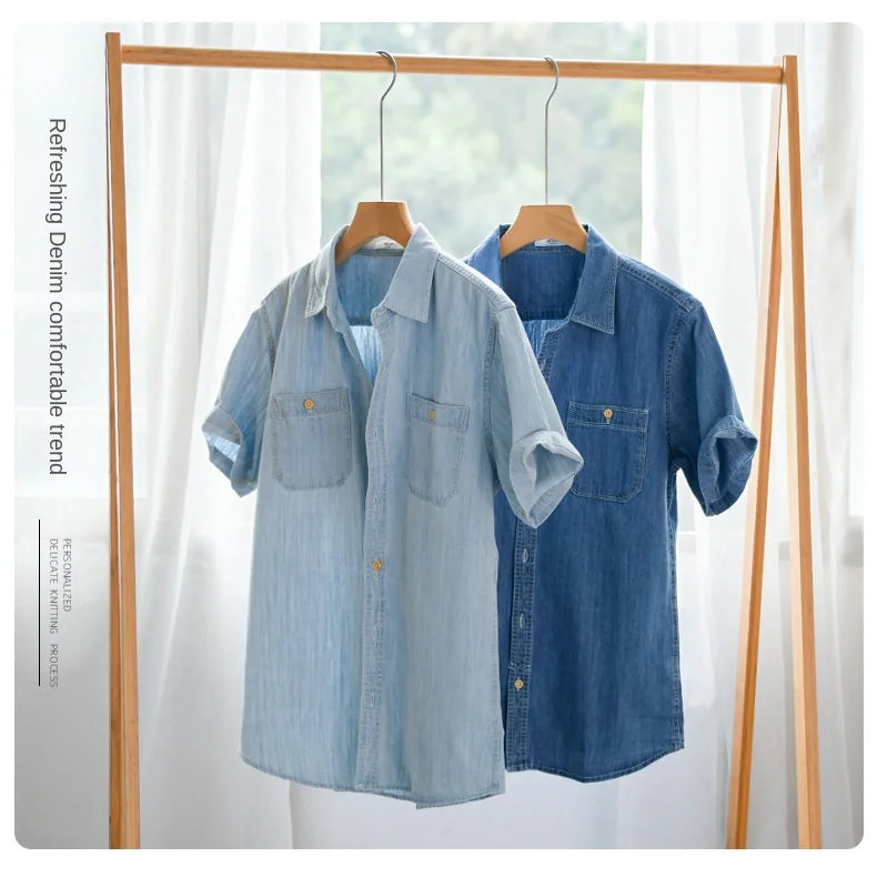 Light and Thin Summer Short-sleeved Denim Shirt for Men, Casual and Breathable, Sweat-wicking, Suitable for Daily Commuting.