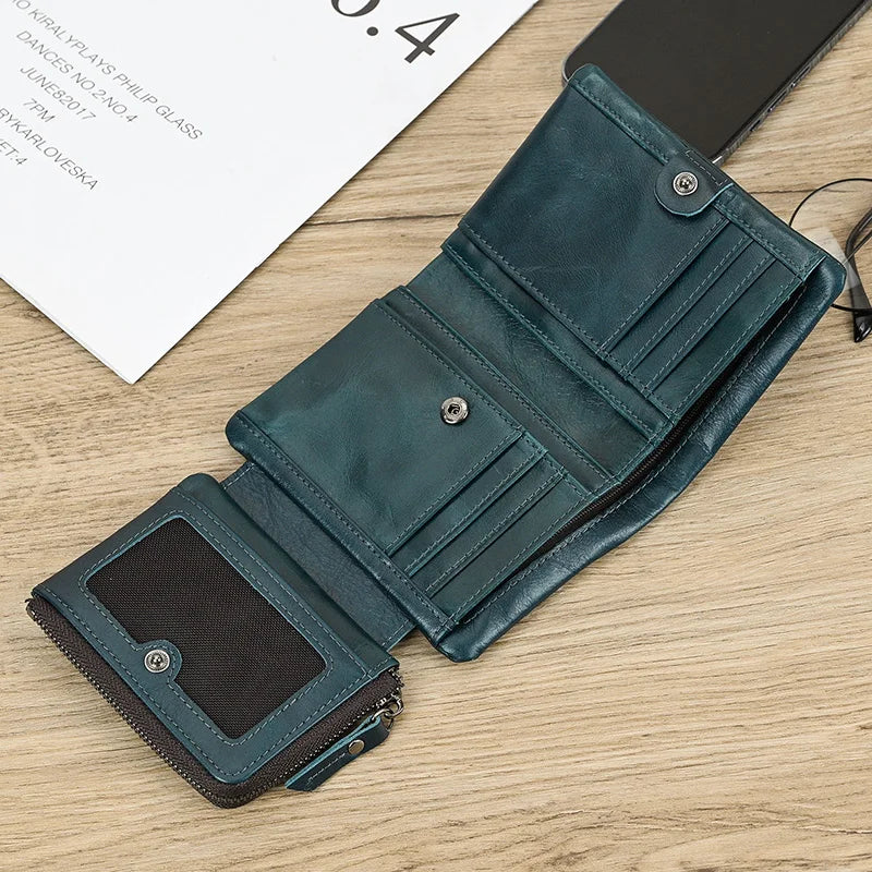 Leather Men‘s Short Wallet Hasp Genuine Leather Unisex Zipper Coin Clutch Purse Cowhide Card Holder Trifold Man wallets