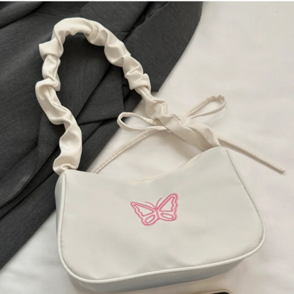 Embroidery Bowknot Butterfly Shoulder Bag Y2k-Style Ruffle Handle Nylon Bow Tote Bag Makeup Lipstick Bag Handbag New