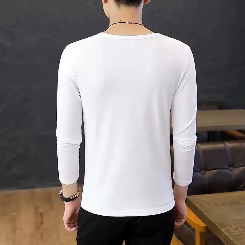 Men's Long Sleeve Black V-neck Base Layer T-shirt Solid Color Autumn Innerwear Thin Style Comfortable Men's Top