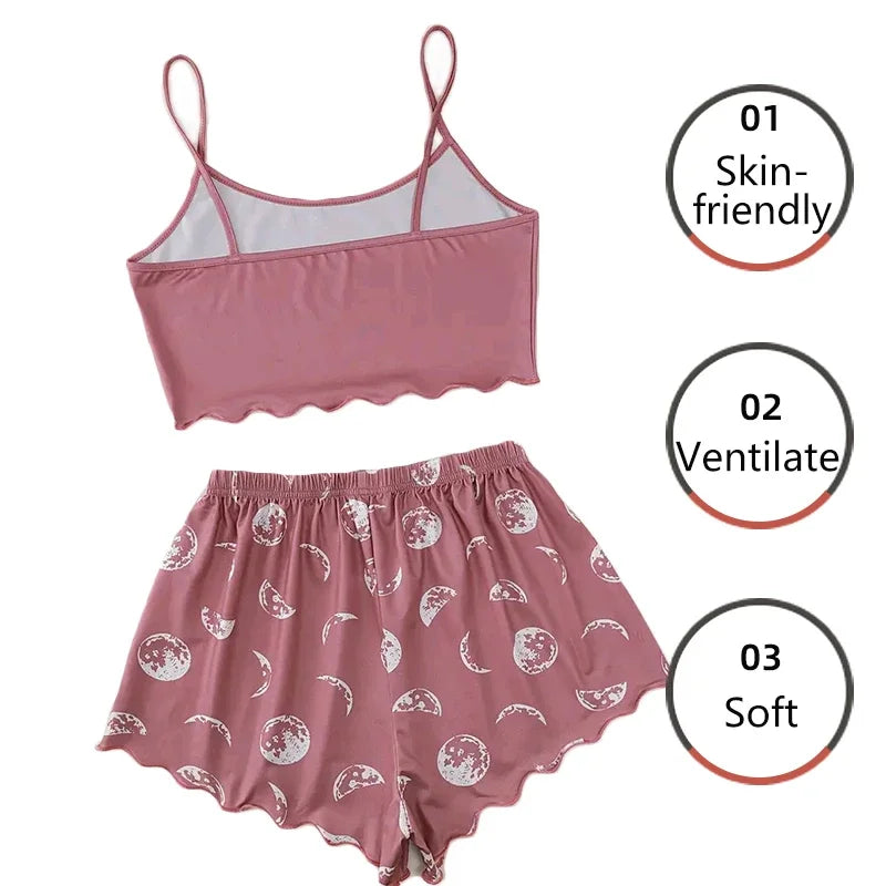 Nouveau pyjama pour femme, ensemble de pyjama, caraco et short, imprimé lune et planète rose, doux et confortable, vêtements de maison