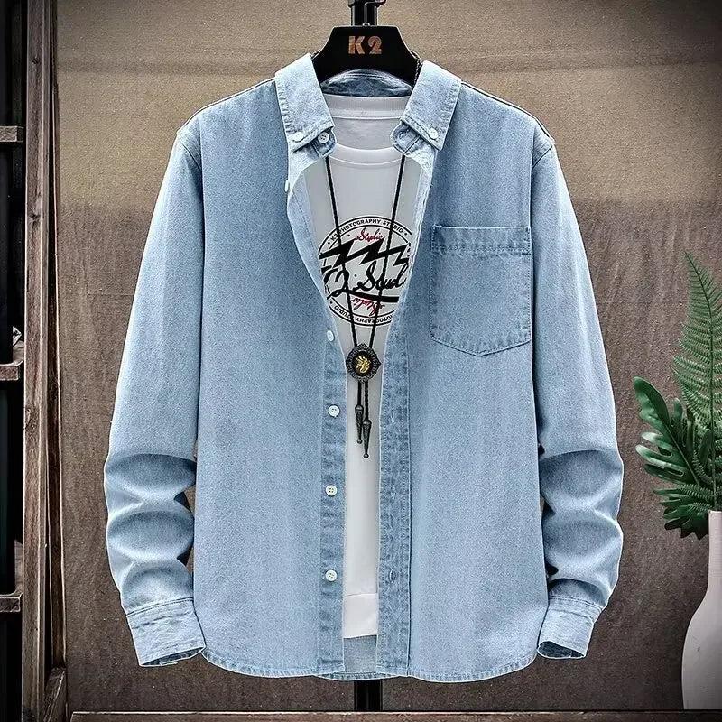 Japanese Style Solid Color Ultra-thin Long Sleeve Denim Shirt For Men Women Fashionable Trendy Simple Loose-fit Casual Jacket