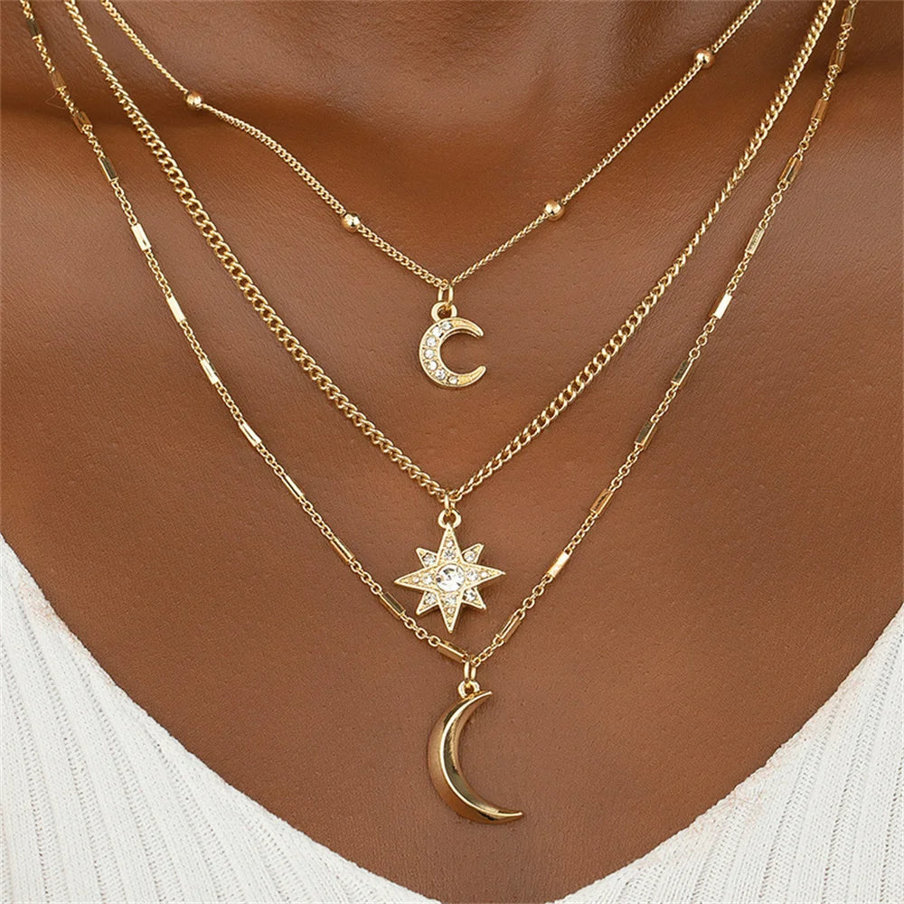 Collier avec pendentif en cristal de lune et soleil en chaîne géométrique plaqué or Boho pour femmes, bijoux en métal à plusieurs niveaux vintage à la mode, vente en gros