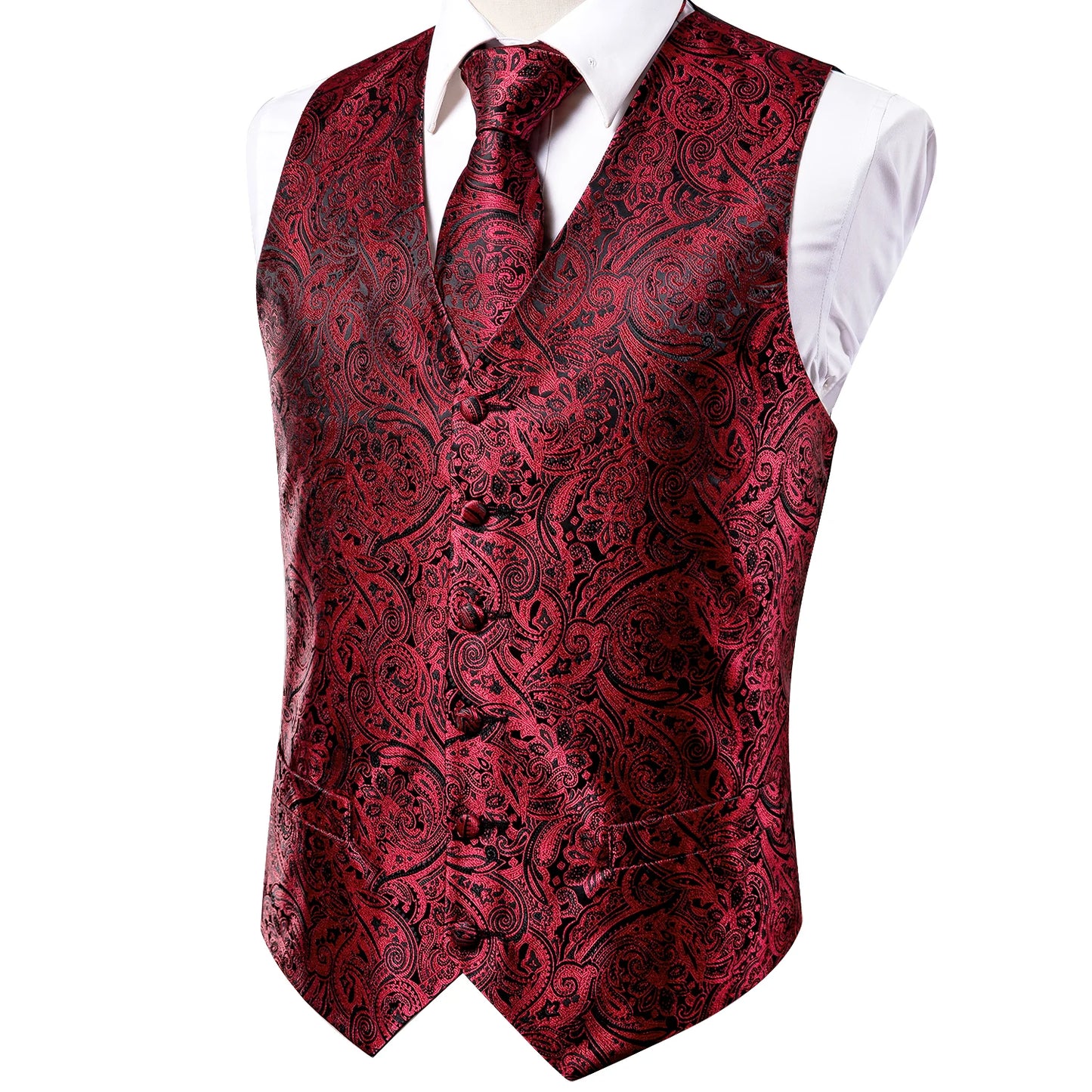 Hi-Tie 4PC Silk Men's Vest With Tie Hanky Cufflink Business Formal Dress Slim Sleeveless Jacket Burgundy Paisley Suit Waistcoat