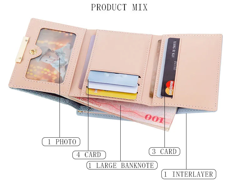 Metal Buckle Ladies Bright Leather Fashion Purse,Women's Short Wallet, Small Shiny Leather Three Fold Leather Wallet Billfold