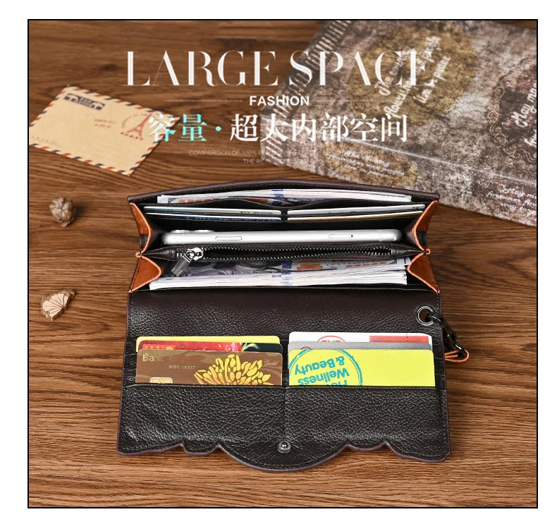 Floral Genuine Leather Wallet Women Handmade Real First Layer Cow Leather Clutch Bag Large Female Card Holder Purse