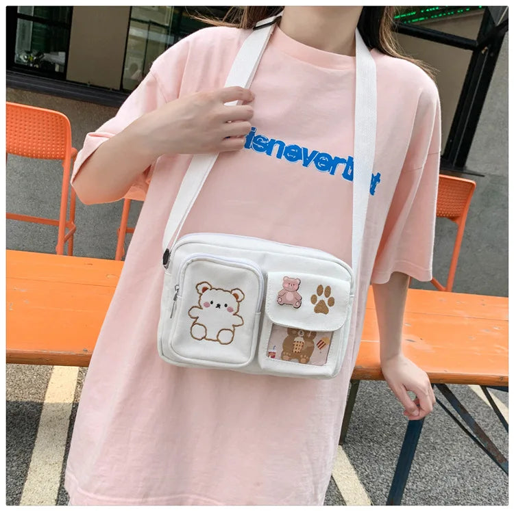 Canvas Small Bag Japanese ins Women Shoulder Bag Cute Funny Personality Embroidery Bear Girl Student Transparent Messenger Bag