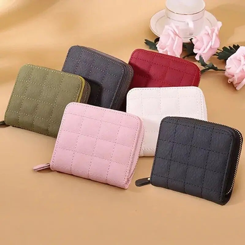 Leisure Flodable Short Wallets Coin Card Holder Women‘s PU Leather Plaid Zipper Coin Money Purses ID Credit Card Holder Wallet