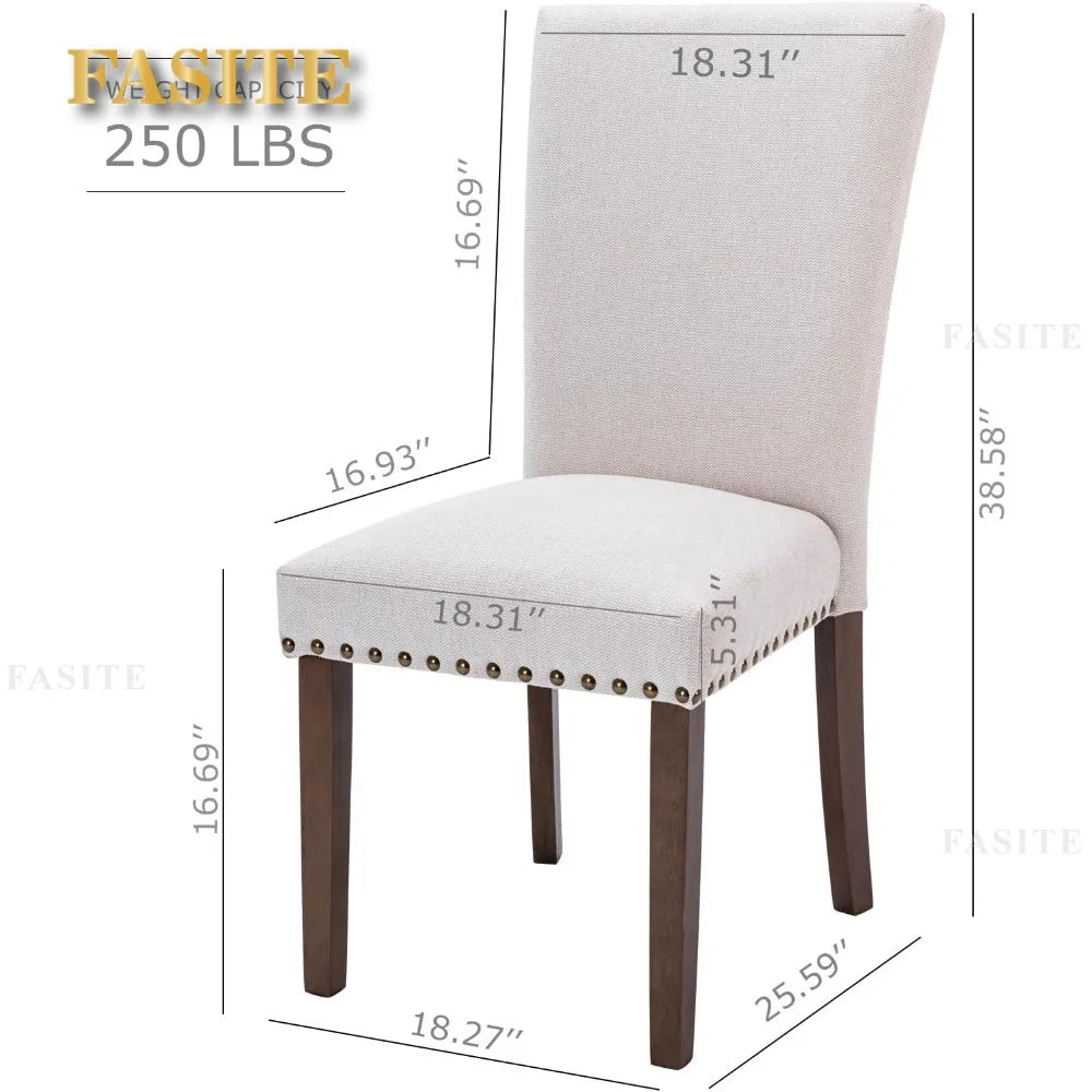 Set of 4, Fabric Dining Room Kitchen Side Chair with Nailhead Trim and Wood Legs - Beige