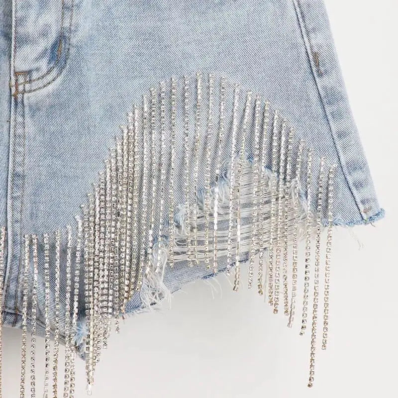 New Summer Ripped Jeans Short Femme High Waist Diamond Tassel Casual Bottoms For Ladies Denim Shorts Women Clothing Fashion