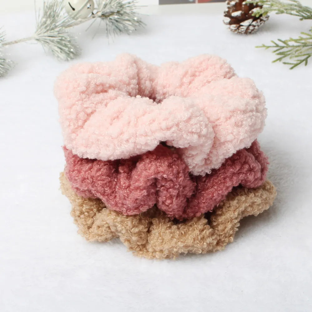 3PK Hair Scrunchies Furry Elastic Hair Band Women Girls Soft Teddy Hair Ties Ponytail Holder Hair Rubber Band Hair Accessories