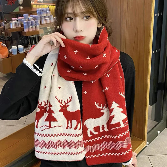 Winter Warm Scarf for Women Men Deer Elk Double-Sided Knitted Scarves Fashion Versatile Woolen Shawl Girls Christmas Present