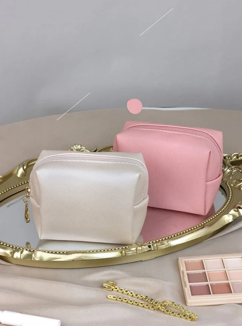 Women Cosmetic Bag Waterproof PU Leather Solid Color Small Makeup Pouch Travel Wash Toiletry Storage Bag Organizer Purse 2023