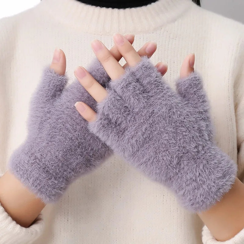 Women Men Half Finger Winter Imitation Mink Cashmere Gloves Touch Screen Writing Woolen Warm Mittens For Driving Outdoor Sports