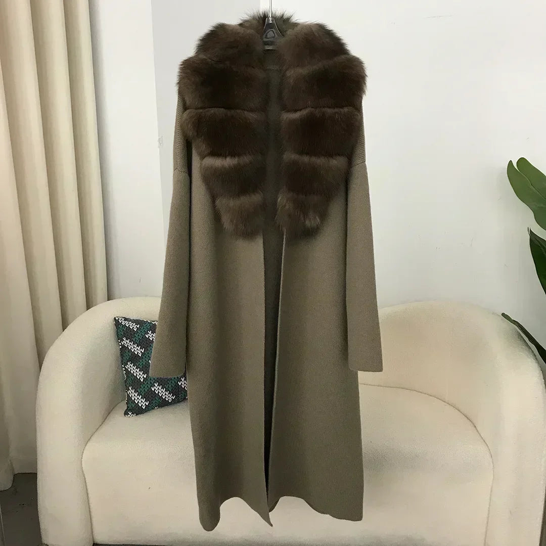 2024 Natural Fox Fur Collar Jacket Spring Autumn Real  Sweater Fur Coat Women Belt Long Loose Thick Warm Outerwear Knitting Coat