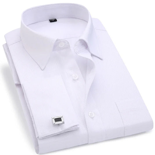 Chemise habillée à poignets français pour hommes M ~ 6XL 2023 Nouvelle chemise blanche à manches longues pour hommes Chemises formelles à boutons d'affaires pour hommes Chemise à boutons de manchette coupe régulière