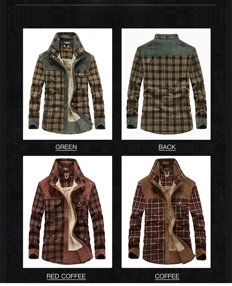 Men's Fleece-lined Thickened Plaid Long Sleeve Shirt Warm Business Casual Fashion Cotton Shirt Jacket