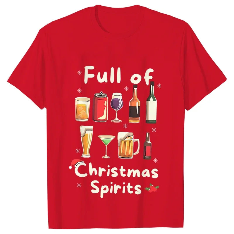 Funny Christmas Party T-Shirt Full of Christmas Spirits Tees Merry Xmas Drinking Gift for Men Clothing Casual Short Sleeve Tops