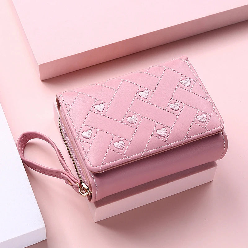 Women's Wallet For PU Leather Fashion Embroidered Love Tri-fold Small Wallet Card Holder Multi-card Slot Coin Purses