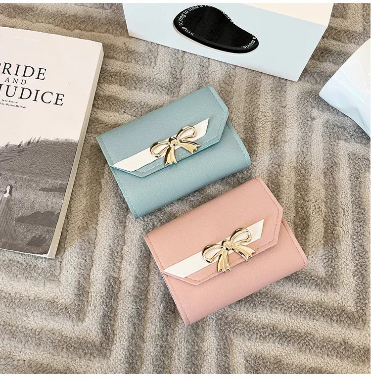 Women Wallet Foldable Portable Ladies Short Coin Purses Fashion Cute Bow Clutch Bag PU Leather Quality Female Card Holder Purse