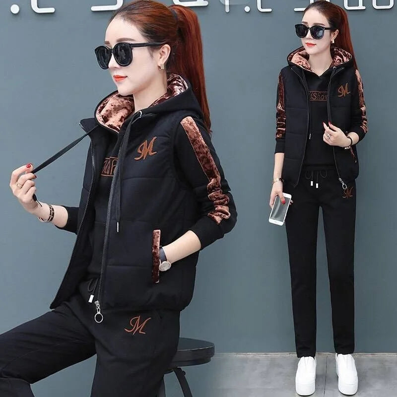 2024 Autumn Winter New Women's Casual Sweat Suit Fashion Plush Thickened Hooded Tops Waistcoat Pants 3 Three Piece Set For Women