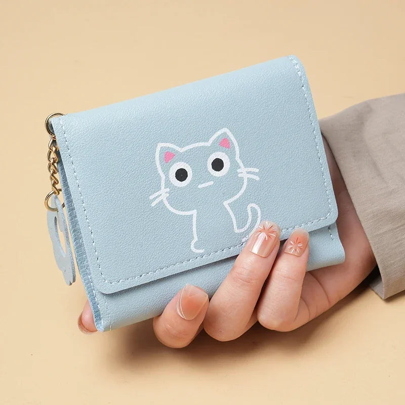 New Women Fashion Wallet Cute Cartoon Cat Girl Credit Card Coin Holder Money Short Purses PU Leather Large Capacity Ladies Purse