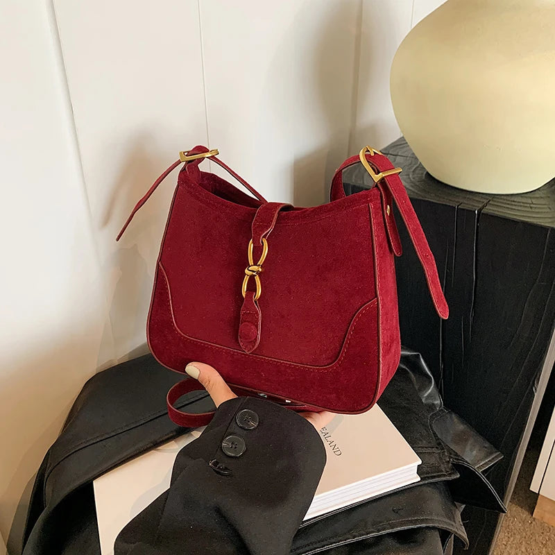 Winter Trendy Frosted PU Leather Shoulder Bag for Women Quiet Luxury Burgundy Bag Lady Solid Color Crossbody Bags Suede Purse