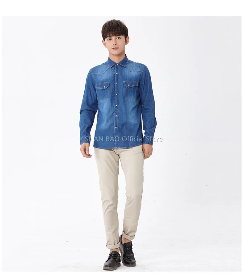 SHAN BAO classic brand double pocket button 100% cotton denim shirt 2022 spring high quality men's slim long-sleeved shirt