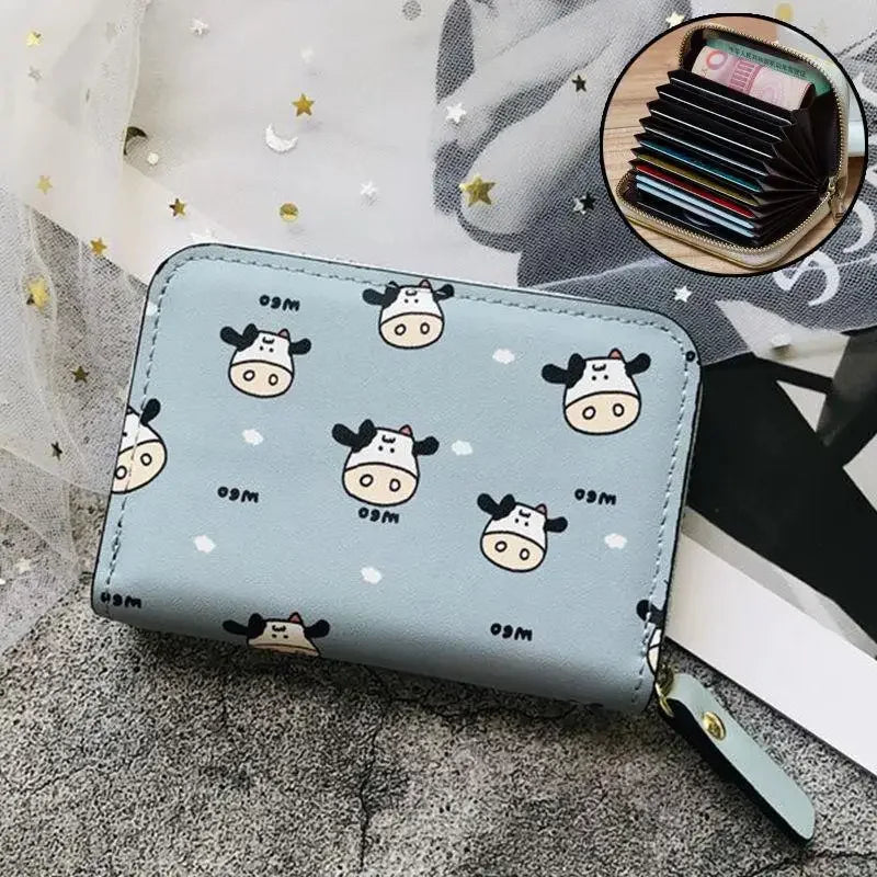 Women New Fashion Wallet Pu Leather Cartoon Cow Cattle Short Ladies Multi-card Slot Coin Purses Student Cute Triple Fold Wallet