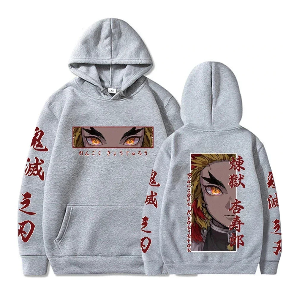 Hot Anime  Demon Slayer Hooded Rengoku Kyoujurou Eyes Graphic Print Autumn Winter Men Women Casual Sweatshirt Plus Size Hoodie