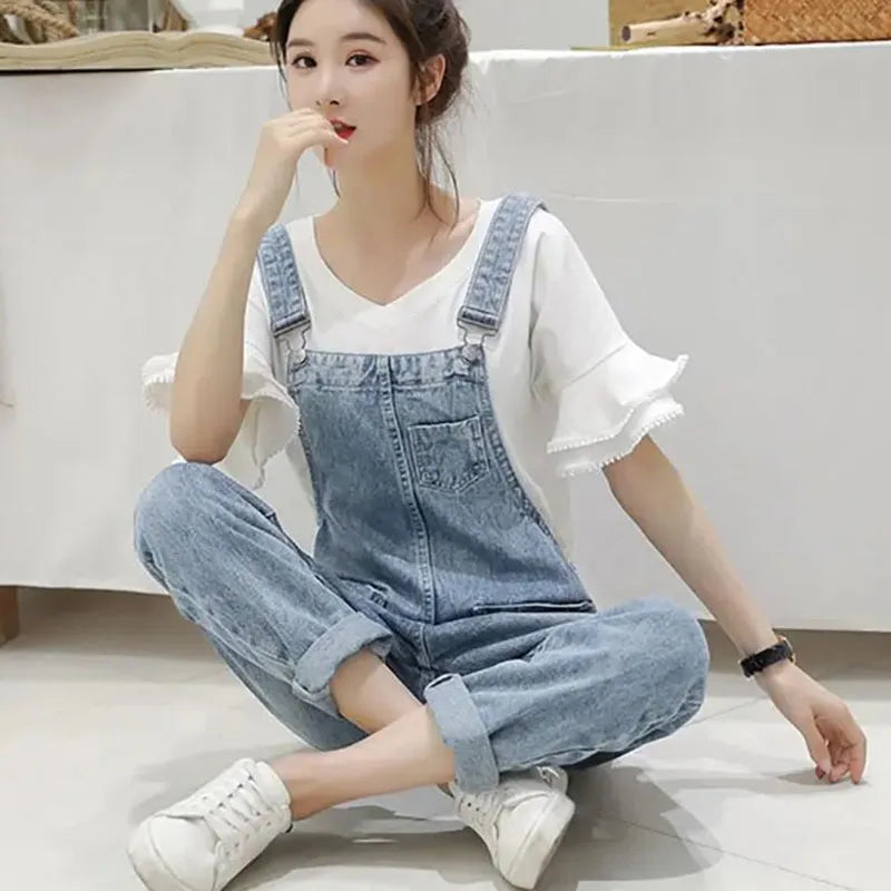 Biyaby Washed Denim Jumpsuit Women Casual High Waist Blue Wide Leg Pants Female 2024 Spring Korean Loose Pockets Jean Overalls