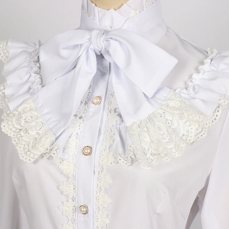 Chemise à manches longues gothique rétro à manches longues en dentelle à volants et col en nœud Lolita Chemise blanche à boutons victorienne Chemise de bureau