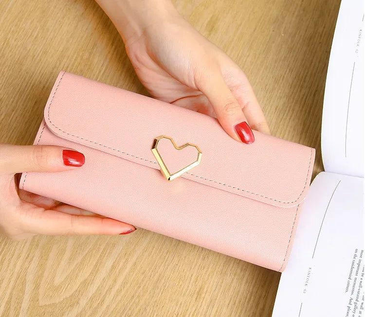 2024 Women Tri-Fold Wallet Metal Heart Pattern Girls Money Pocket Card Holder Luxury Designer Phone Clutch Fashion Card Holder