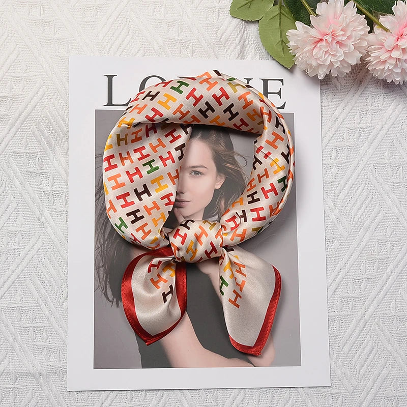 1pcs 70cm Colorful Letter H Silk Scarf for Women Simulated Silk Simple and Trendy Headwear Clothing and Matching Square Scarf