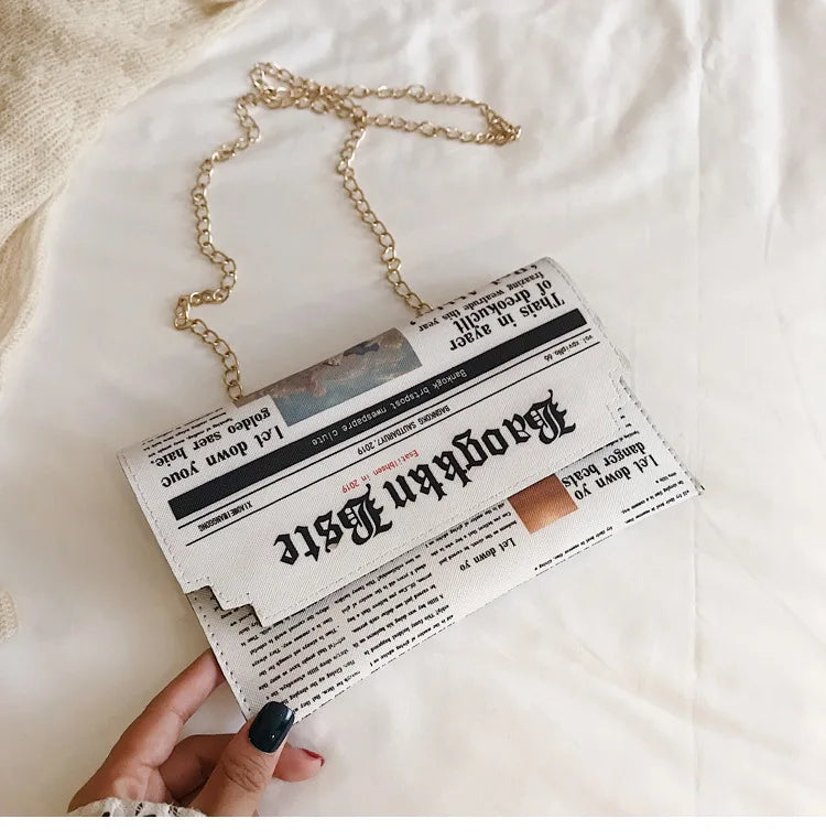 Fashion Women Newspaper Letter Printing PU Leather Shoulder Underarm Bag Casual Ladies Small Purse Buckle Handbag Messenger Bags