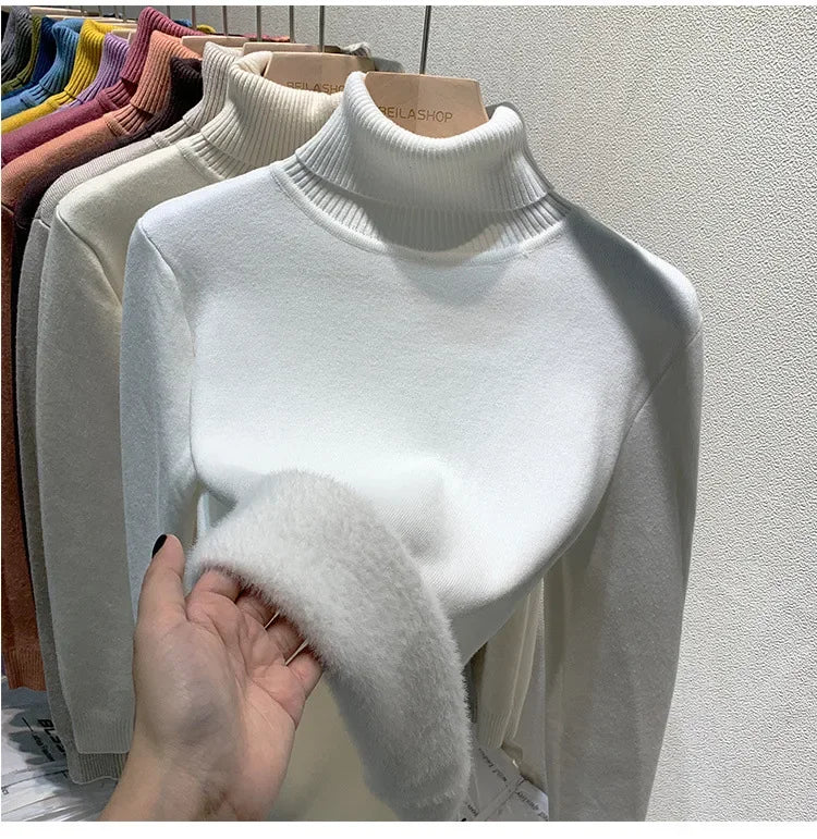 Fleece-lined Thickened High Collar Sweater For Women Autumn/winter Stylish Knit Warm Top Trendy Fleece-lined Base Layer Top