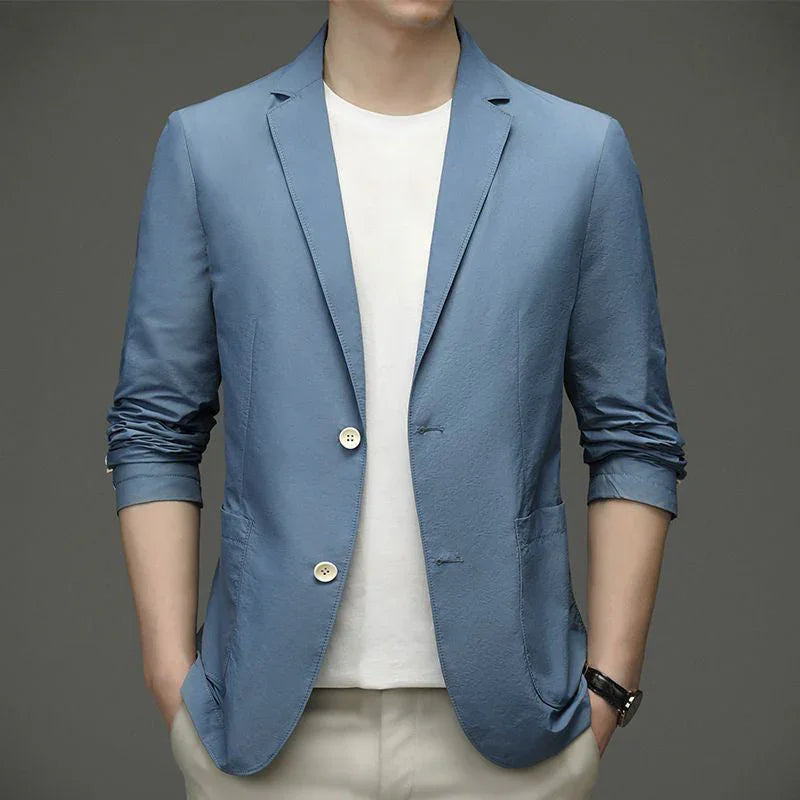 Men's Light Suit Jacket Summer Fashion Thin Blazer Anti-Wrinkle Slim Solid Lapel Casual Suit Breathable